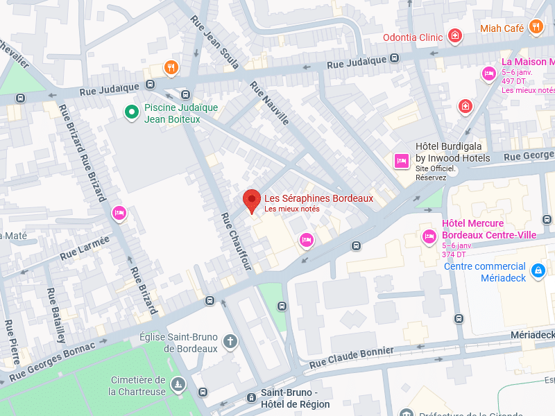 Carte de Bordeaux centrée sur Les Séraphines, près de Piscine Judaïque et Hôtel Mercure, rues Judaïque, Brizard, et Georges Bonnac.