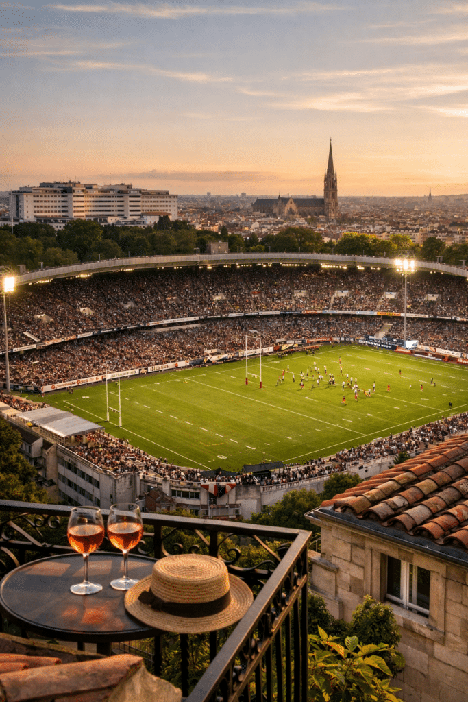 Balcon avec vin rosé et chapeau de paille surplombant un stade de rugby animé au coucher du soleil avec vue sur la ville.